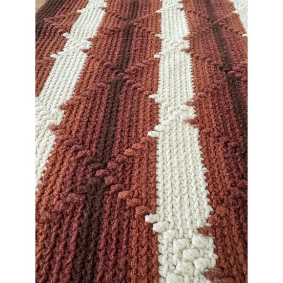 Knit blanket with fringe shades of brown, black and cream 72"x46" - Picture 7 of 11